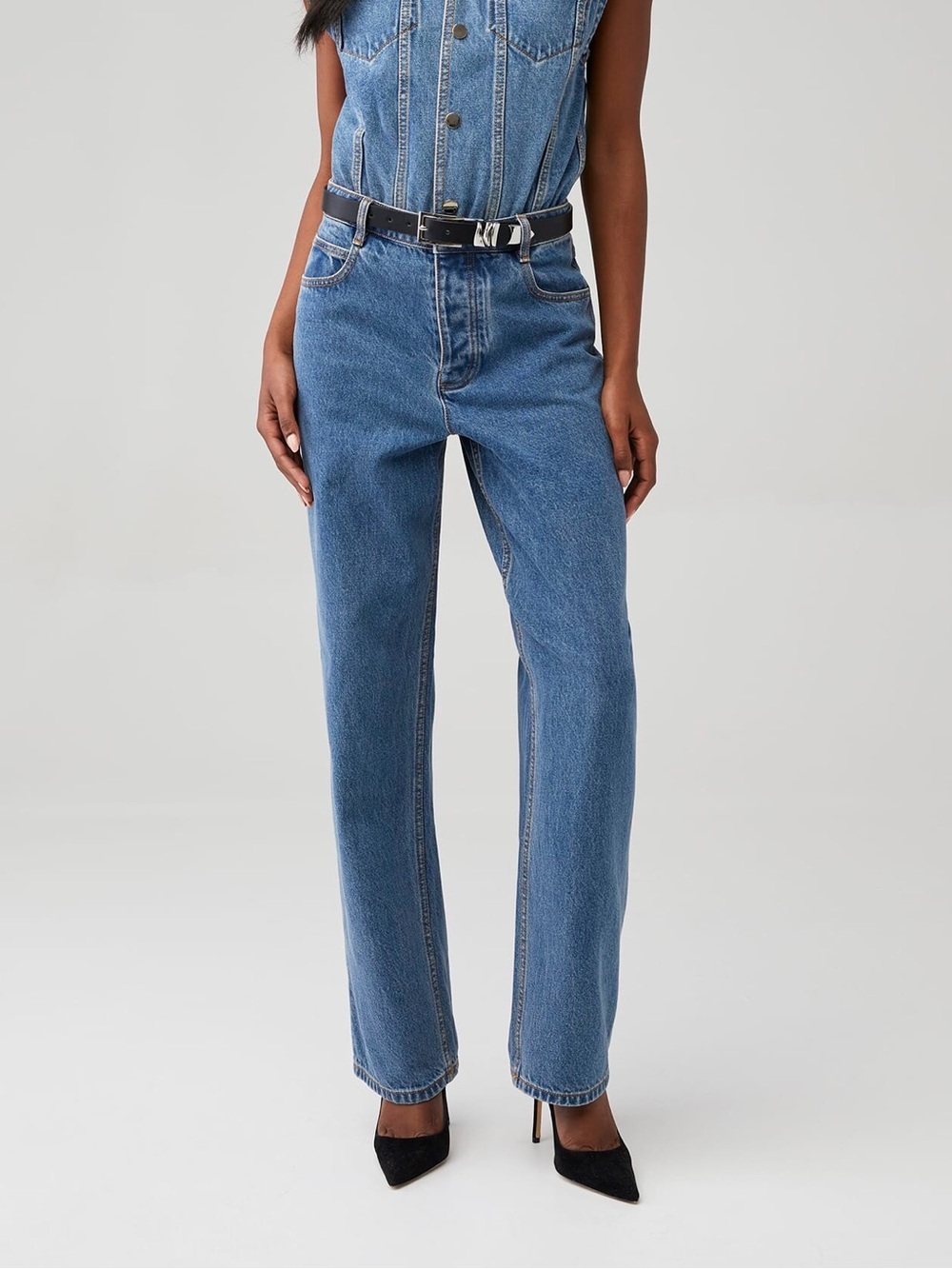 Ronny Kobo Sade High Waist Straight-Leg Denim Jeans in Blue Wash